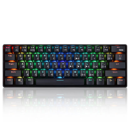 Black 61-key mechanical keyboard with RGB backlight, green axis switches, and English keycaps