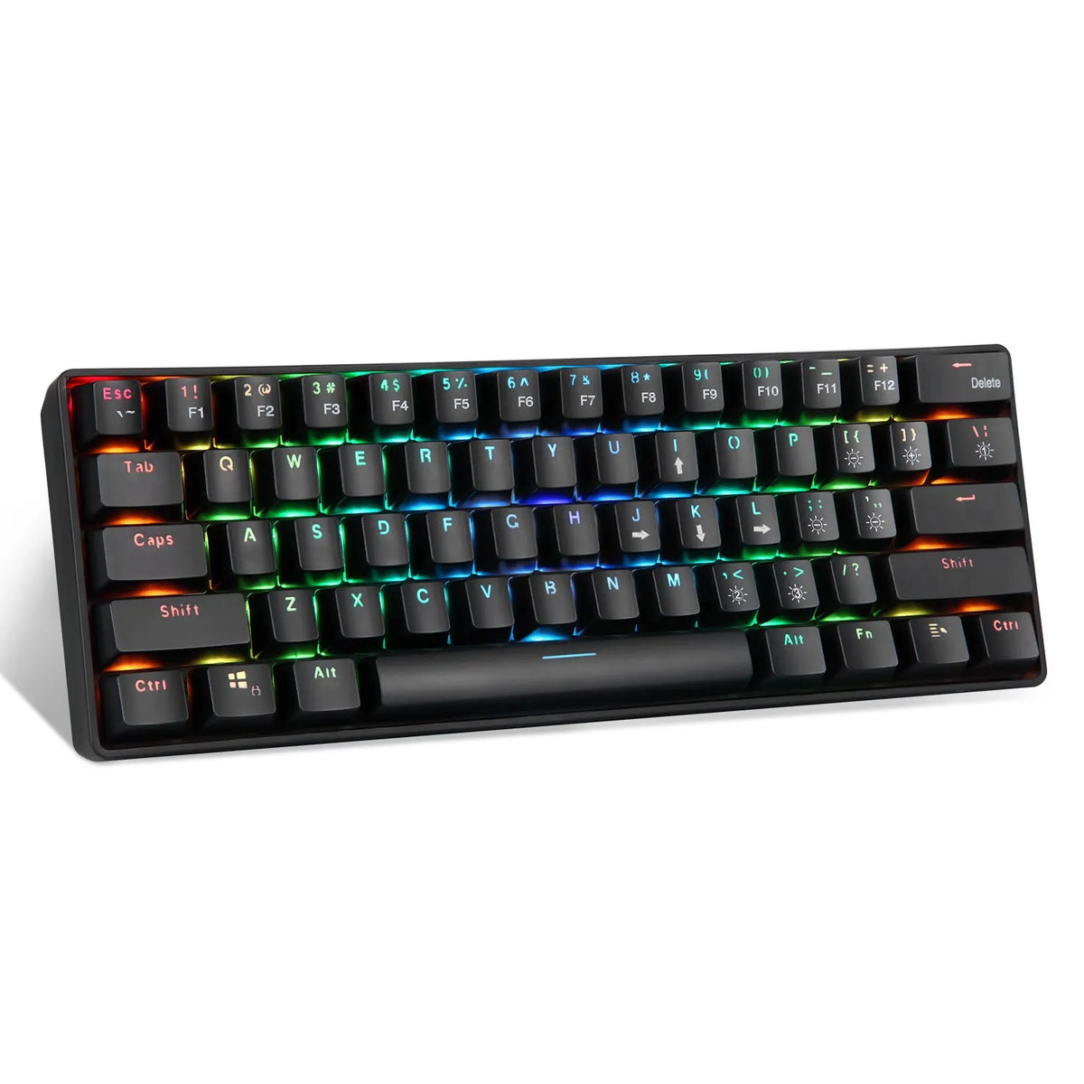 Black 61-key mechanical keyboard with RGB backlight, green axis switches, and English keycaps