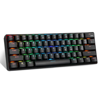 Black 61-key mechanical keyboard with RGB backlight, green axis switches, and English keycaps