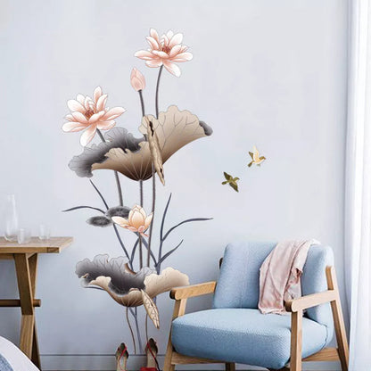 Chinese-style lotus flower self-adhesive wallpaper for living room decor