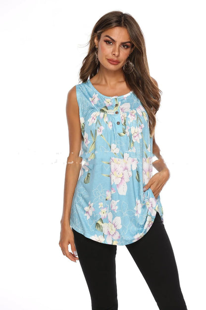 V-neck sleeveless vest with printed buttons in various colors