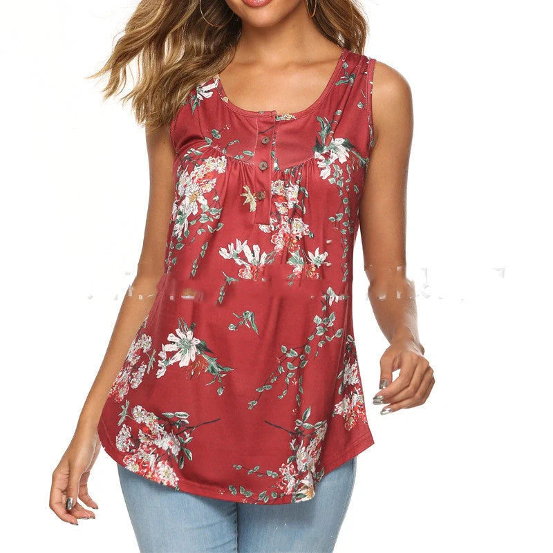 V-neck sleeveless vest with printed buttons in various colors