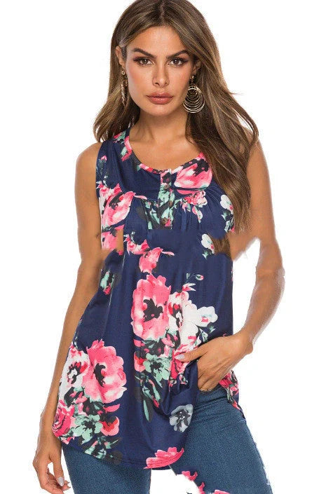 V-neck sleeveless vest with printed buttons in various colors