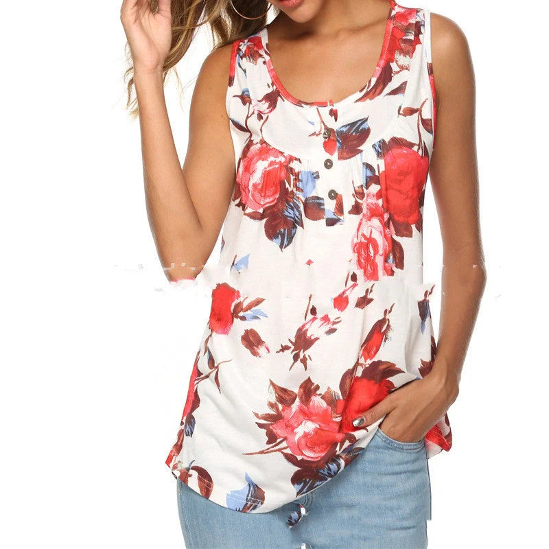 V-neck sleeveless vest with printed buttons in various colors
