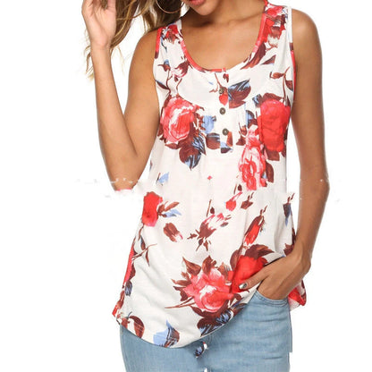 V-neck sleeveless vest with printed buttons in various colors
