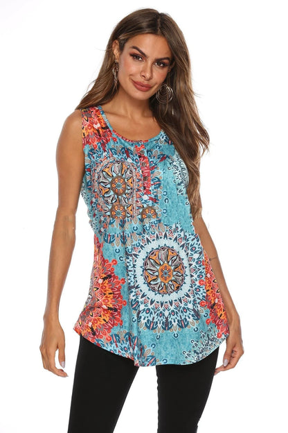 V-neck sleeveless vest with printed buttons in various colors