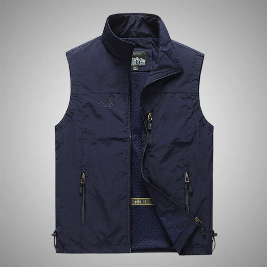 Men's Outdoor Vest in various colors, featuring a stand-up collar, zipper closure, and durable cotton-blend fabric for superior comfort and protection.