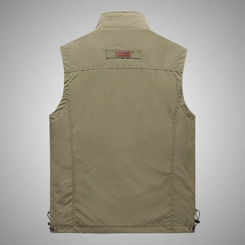 Men's Outdoor Vest in various colors, featuring a stand-up collar, zipper closure, and durable cotton-blend fabric for superior comfort and protection.