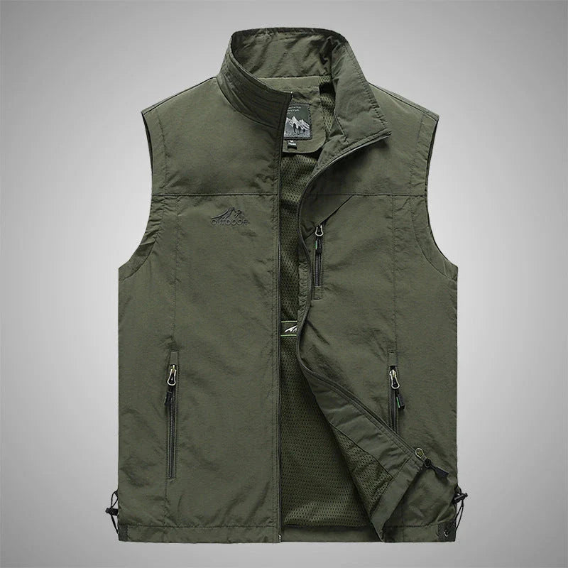 Men's Outdoor Vest in various colors, featuring a stand-up collar, zipper closure, and durable cotton-blend fabric for superior comfort and protection.