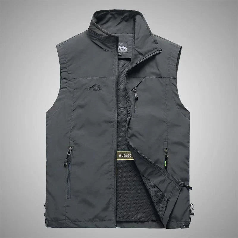 Men's Outdoor Vest in various colors, featuring a stand-up collar, zipper closure, and durable cotton-blend fabric for superior comfort and protection.