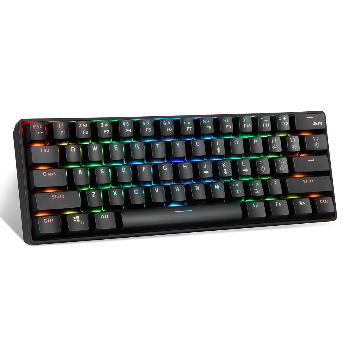 Black 61-key mechanical keyboard with RGB backlight, green axis switches, and English keycaps