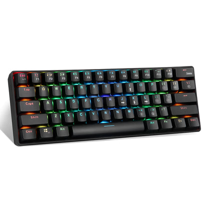 Black 61-key mechanical keyboard with RGB backlight, green axis switches, and English keycaps