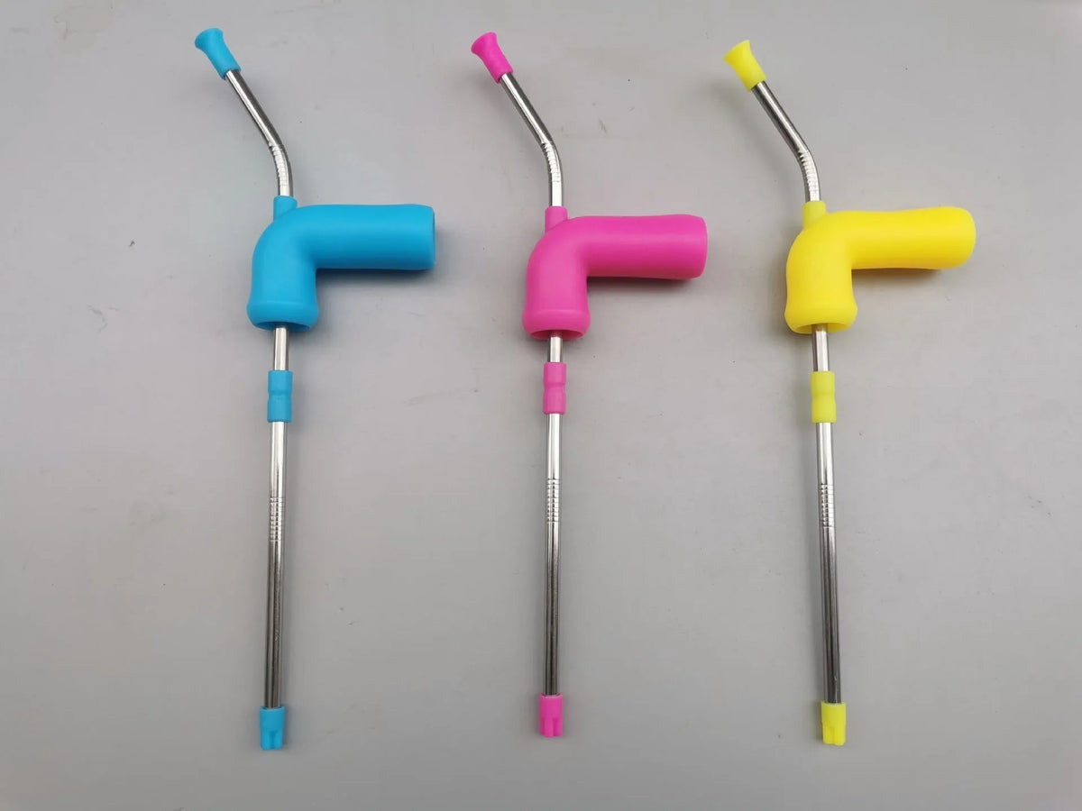 Beer snorkel straw with stainless steel rod, TPE mouthpiece, and vent pipe for faster drinking from bottles