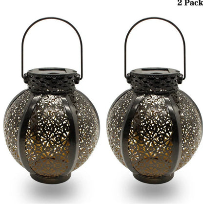 Black six-sided solar garden hanging lamp with wrought iron frame and clear glass panels