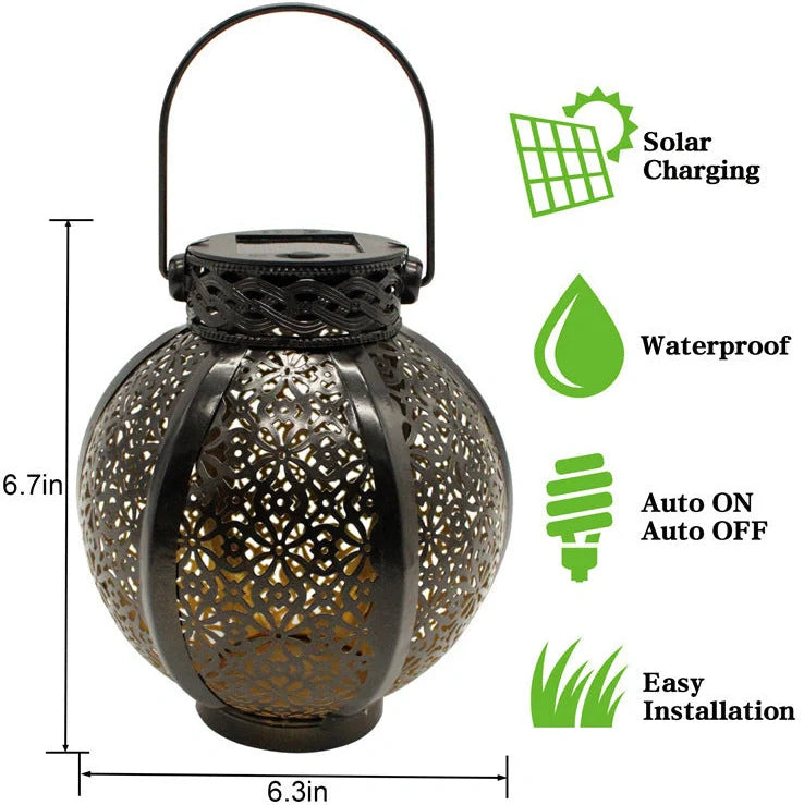 Black six-sided solar garden hanging lamp with wrought iron frame and clear glass panels