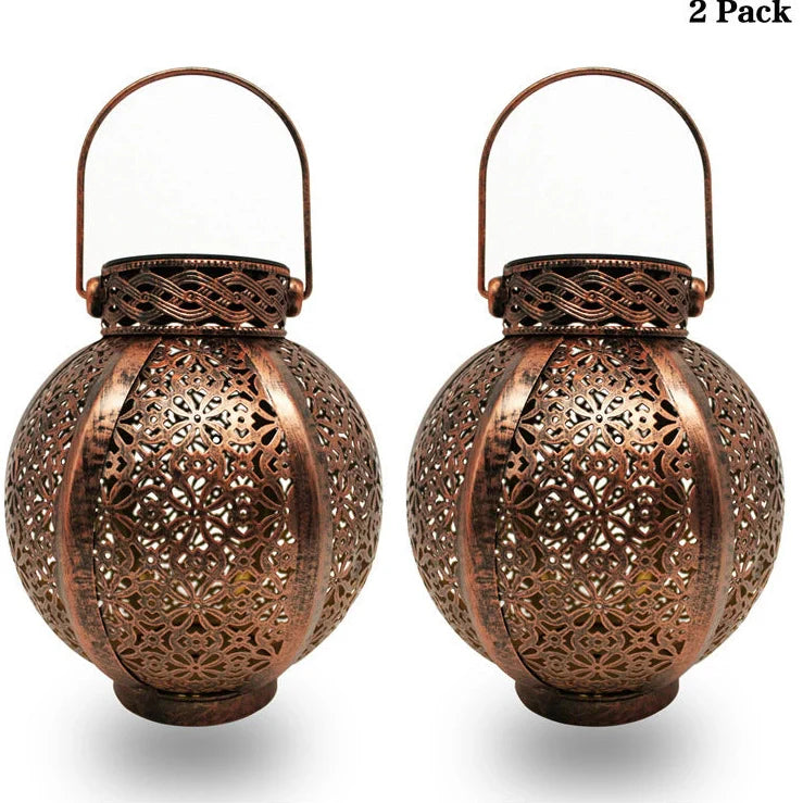 Black six-sided solar garden hanging lamp with wrought iron frame and clear glass panels