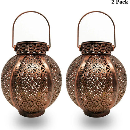 Black six-sided solar garden hanging lamp with wrought iron frame and clear glass panels