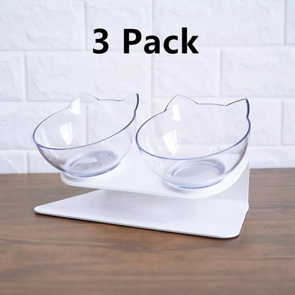 Double bowl cat food bowl with 15° tilt for cervical protection, transparent design with cute cat face
