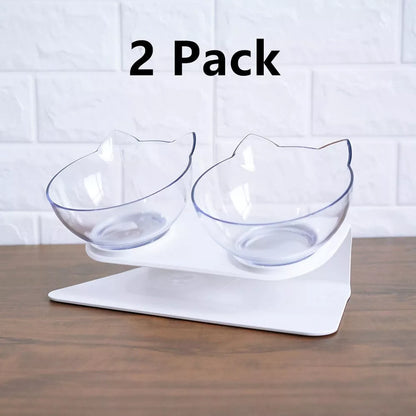 Double bowl cat food bowl with 15° tilt for cervical protection, transparent design with cute cat face