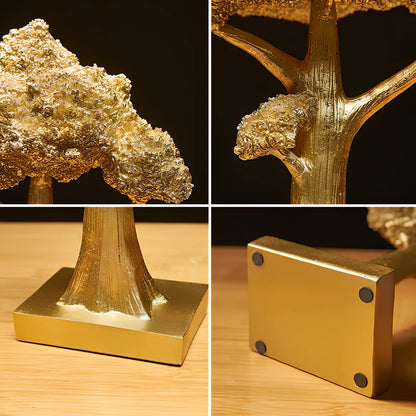 Golden resin lucky tree decoration with abstract design for desk display