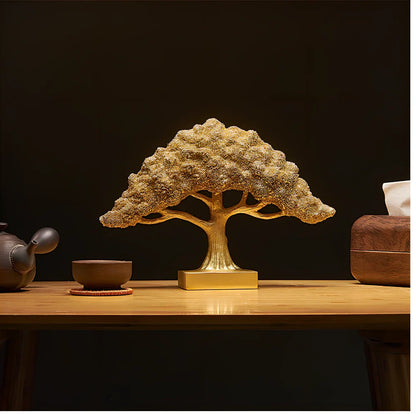 Golden resin lucky tree decoration with abstract design for desk display