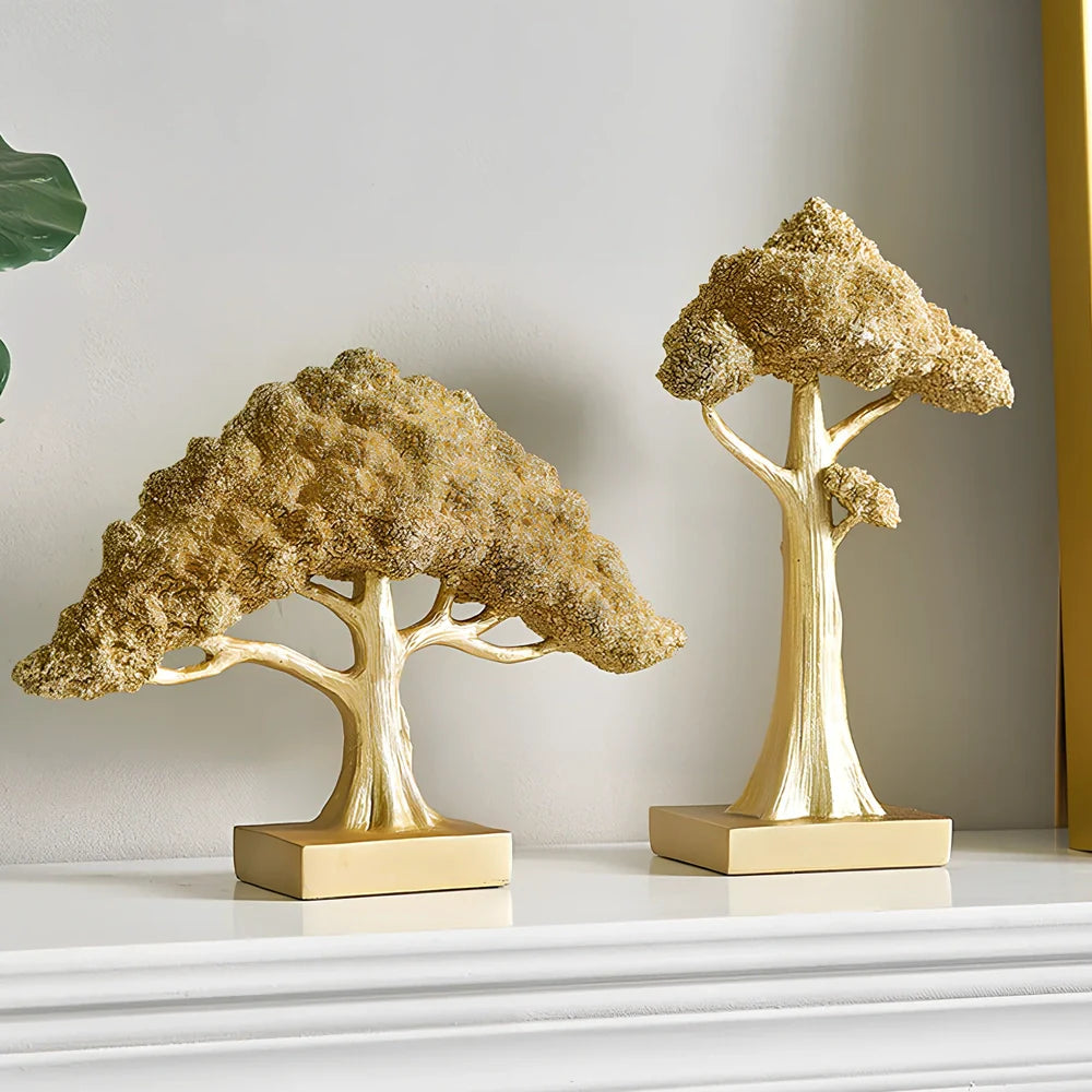 Golden resin lucky tree decoration with abstract design for desk display