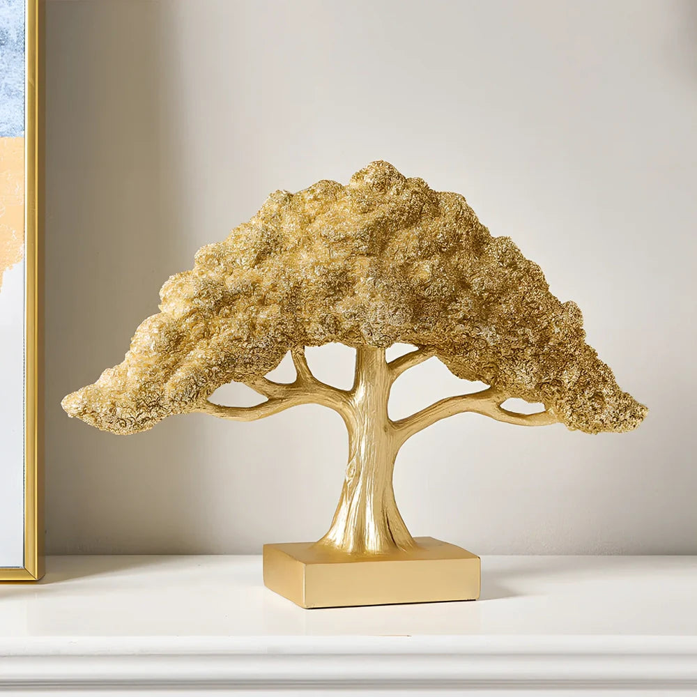 Golden resin lucky tree decoration with abstract design for desk display