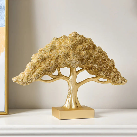 Golden resin lucky tree decoration with abstract design for desk display