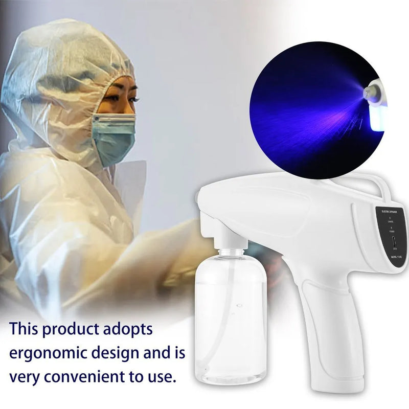Handheld cordless disinfectant spray gun with 2000mAh battery and dual mist-jet spray modes for efficient surface sterilisation and humidification
