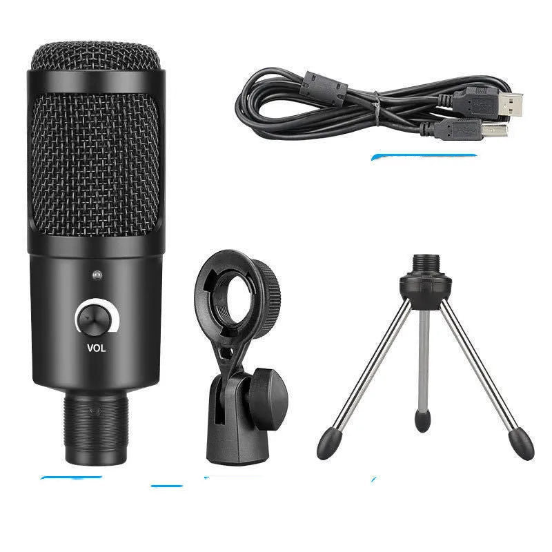 Black wireless condenser microphone with mounting bracket for desktop recording