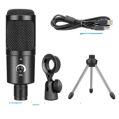 Black wireless condenser microphone with mounting bracket for desktop recording