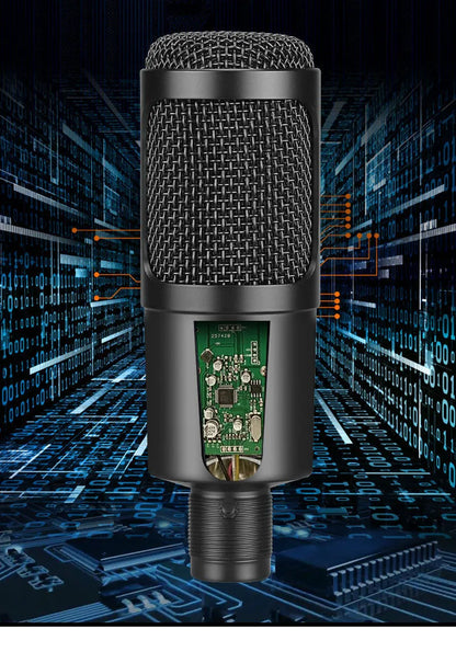Black wireless condenser microphone with mounting bracket for desktop recording