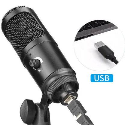 Black wireless condenser microphone with mounting bracket for desktop recording