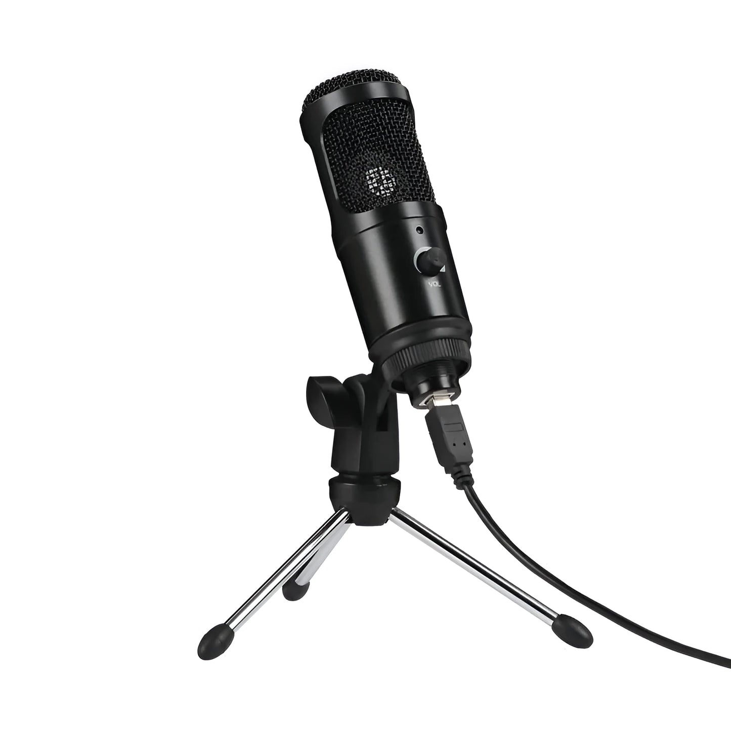 Black wireless condenser microphone with mounting bracket for desktop recording