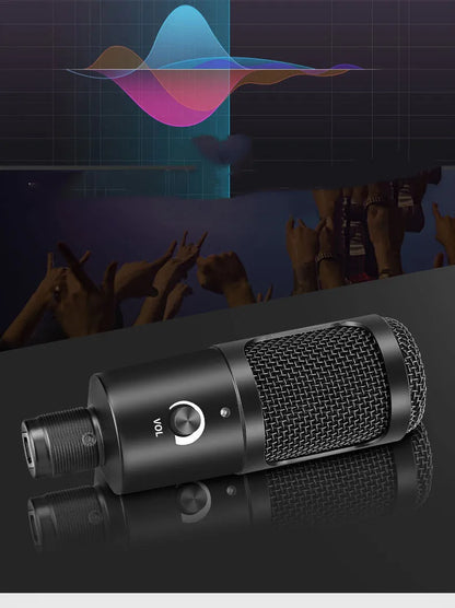 Black wireless condenser microphone with mounting bracket for desktop recording
