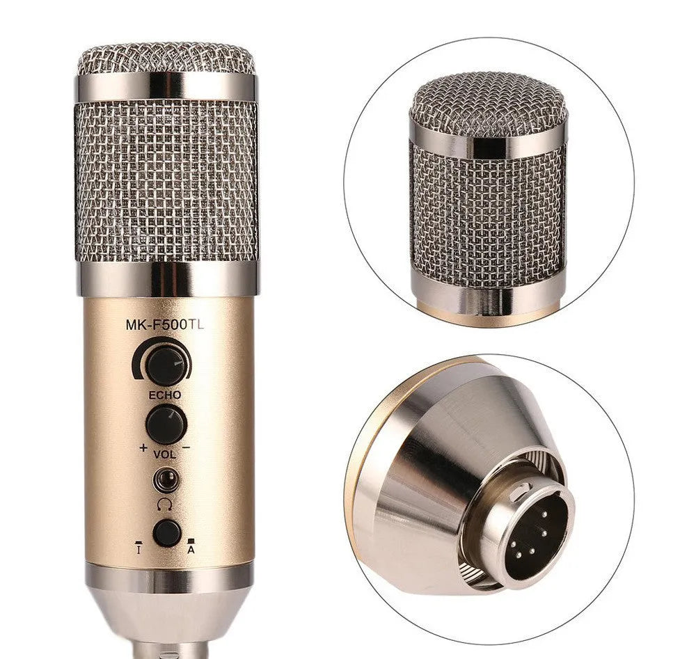 Gold wireless condenser microphone with USB-C cable and stand bracket for mobile phone and computer recording