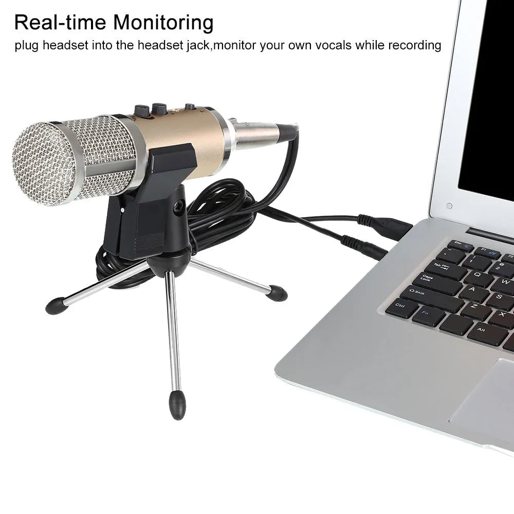Gold wireless condenser microphone with USB-C cable and stand bracket for mobile phone and computer recording