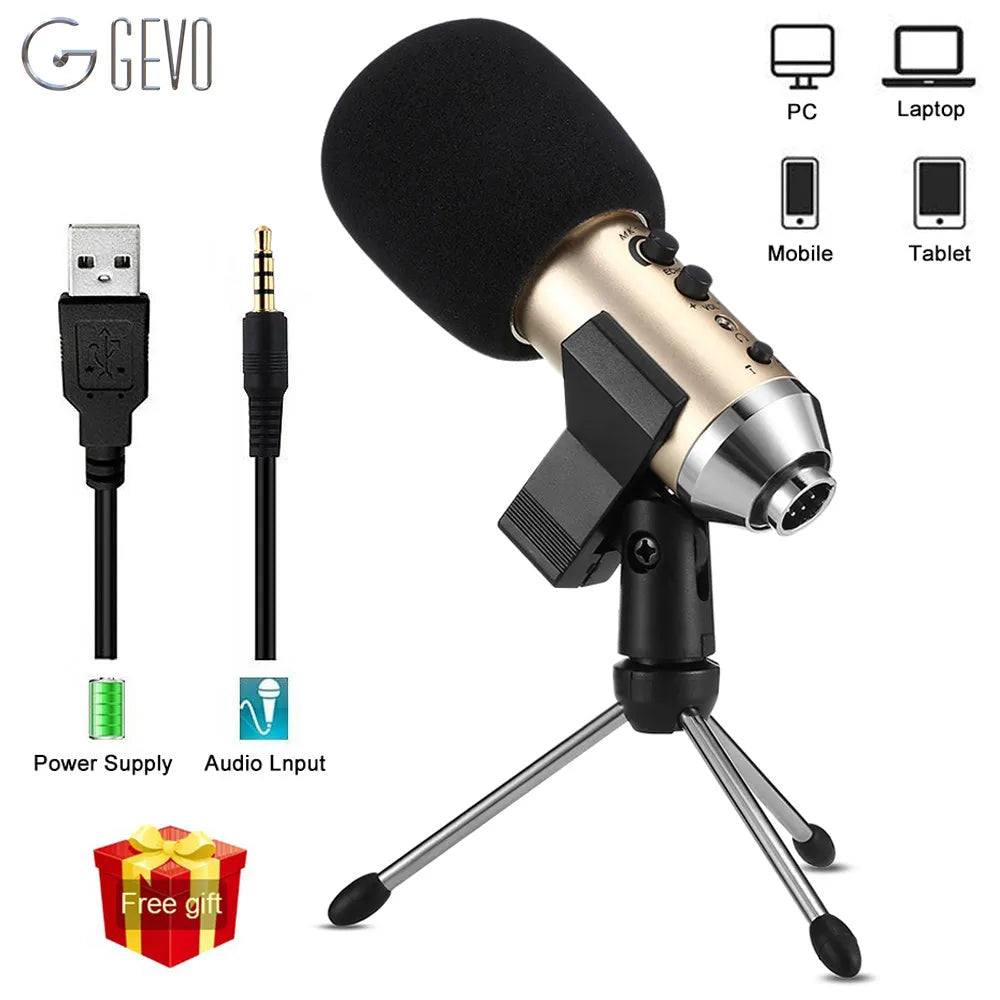 Gold wireless condenser microphone with USB-C cable and stand bracket for mobile phone and computer recording