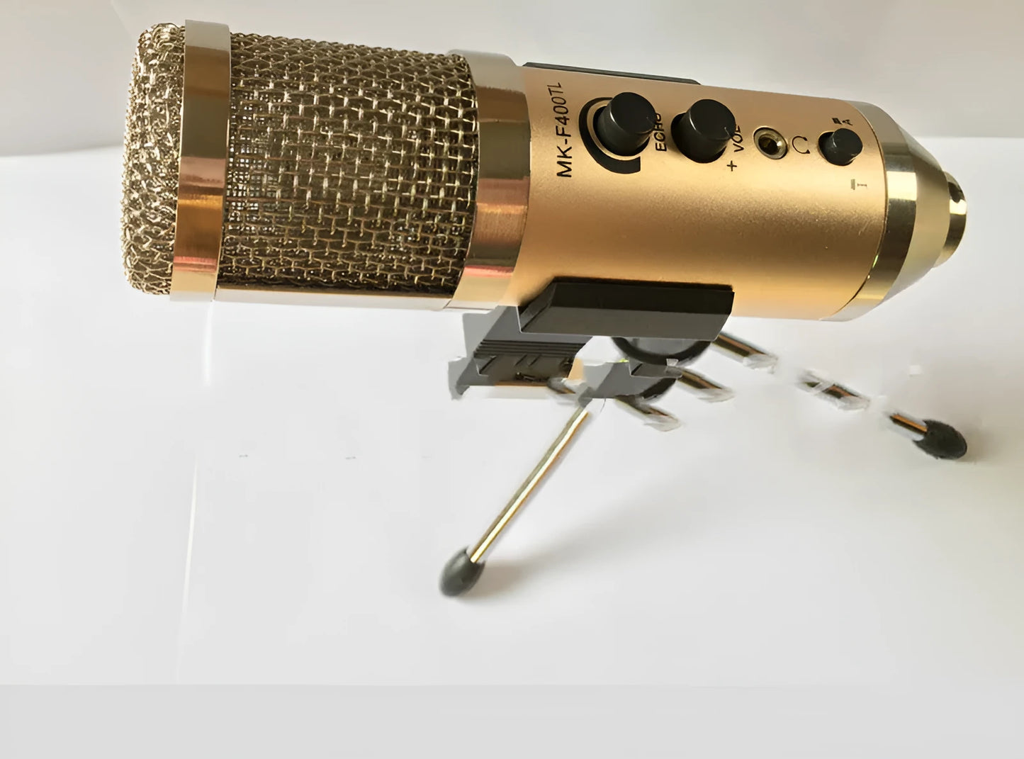 Gold wireless condenser microphone with USB-C cable and stand bracket for mobile phone and computer recording