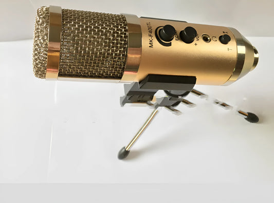 Gold wireless condenser microphone with USB-C cable and stand bracket for mobile phone and computer recording