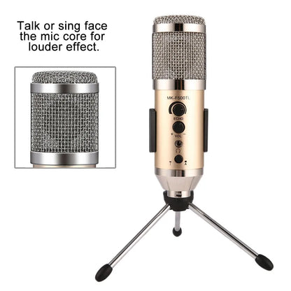 Gold wireless condenser microphone with USB-C cable and stand bracket for mobile phone and computer recording