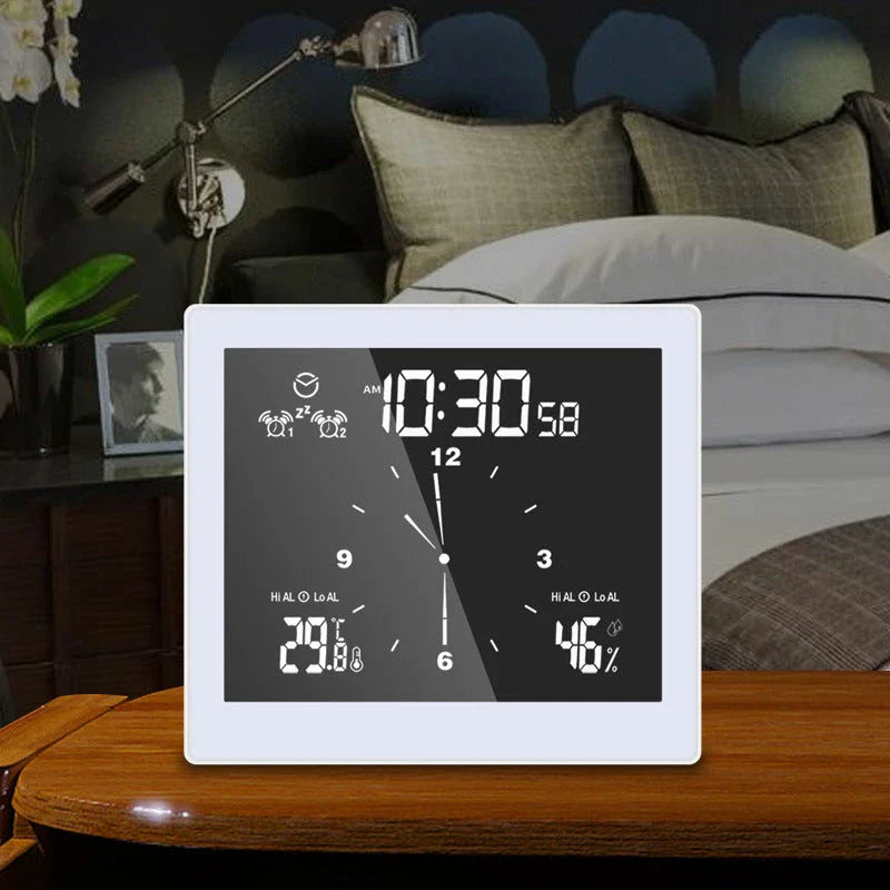 Waterproof bathroom wall clock with temperature and humidity display, modern design for bathroom decor