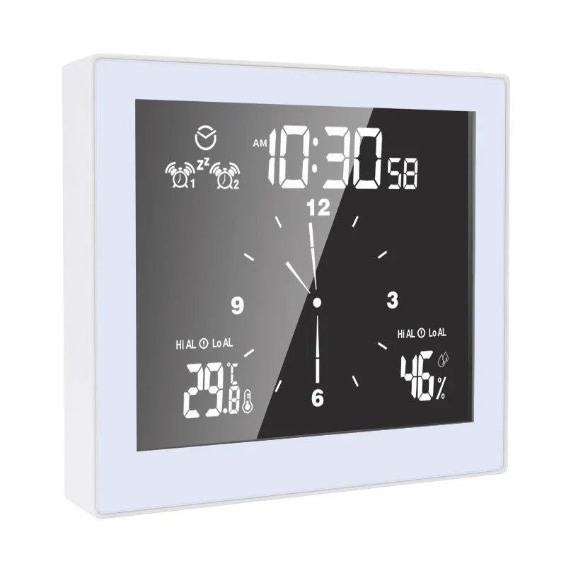 Waterproof bathroom wall clock with temperature and humidity display, modern design for bathroom decor
