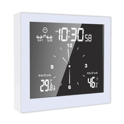Waterproof bathroom wall clock with temperature and humidity display, modern design for bathroom decor