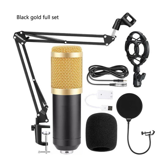 BM800 condenser microphone with V8 sound card, cantilever bracket, shock frame, and blowout prevention accessories for computer recording