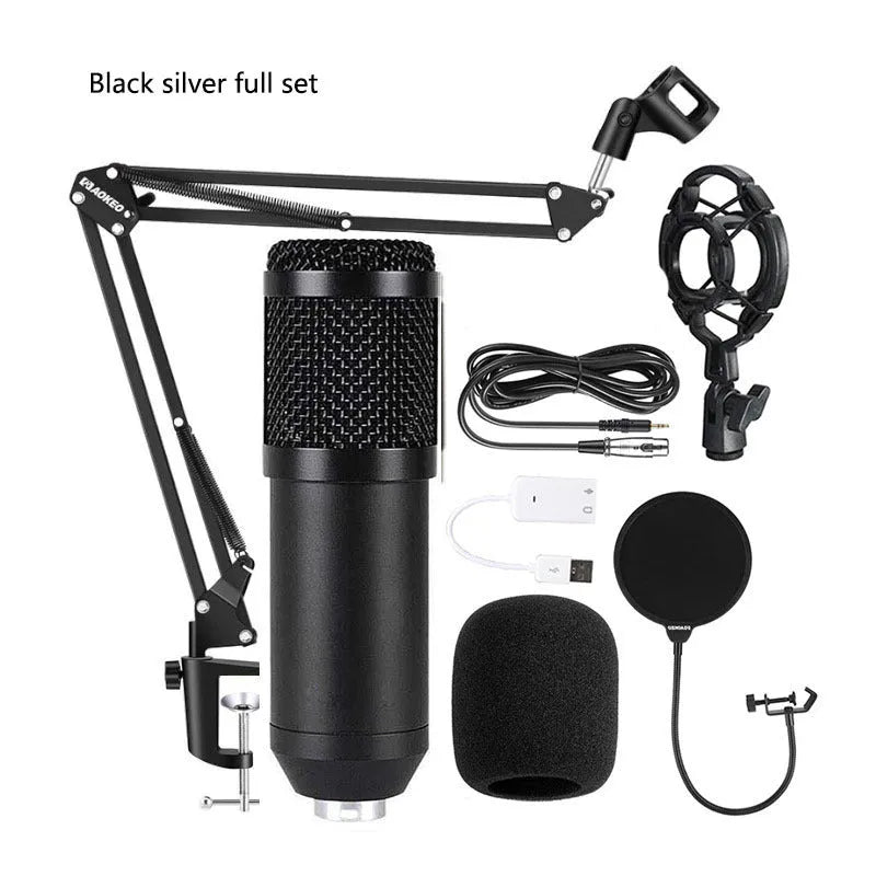 BM800 condenser microphone with V8 sound card, cantilever bracket, shock frame, and blowout prevention accessories for computer recording