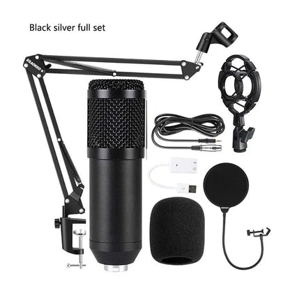 BM800 condenser microphone with V8 sound card, cantilever bracket, shock frame, and blowout prevention accessories for computer recording