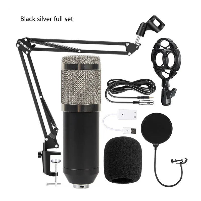 BM800 condenser microphone with V8 sound card, cantilever bracket, shock frame, and blowout prevention accessories for computer recording