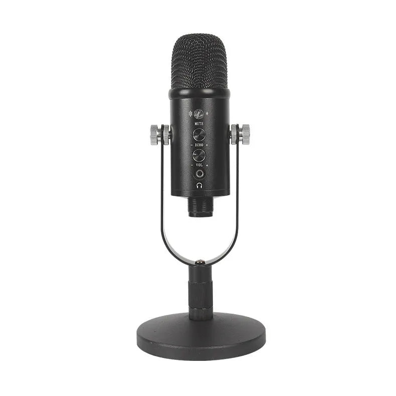 JIY BM-86PRO black condenser microphone with USB cable, sponge cover, and metal base for recording