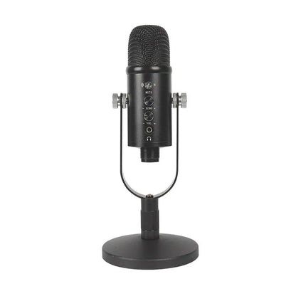 JIY BM-86PRO black condenser microphone with USB cable, sponge cover, and metal base for recording